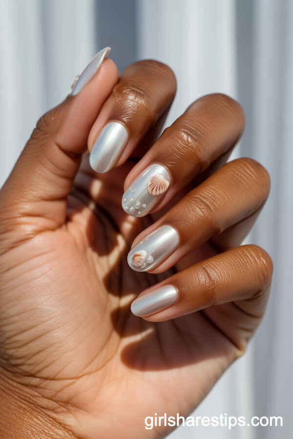 Pearly White Oval Nails with Seashell Details