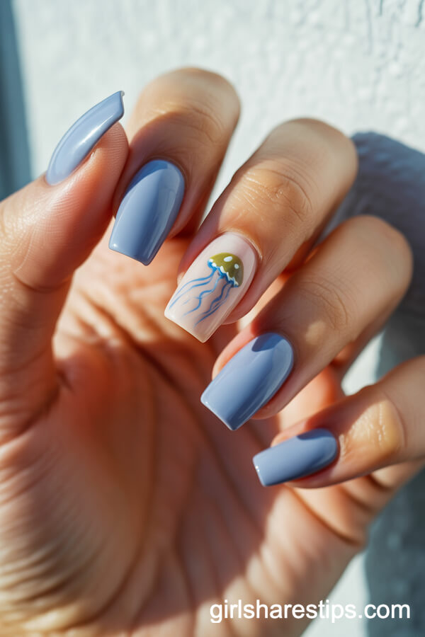 Sheer Blue Coffin Nails with Jellyfish Accent