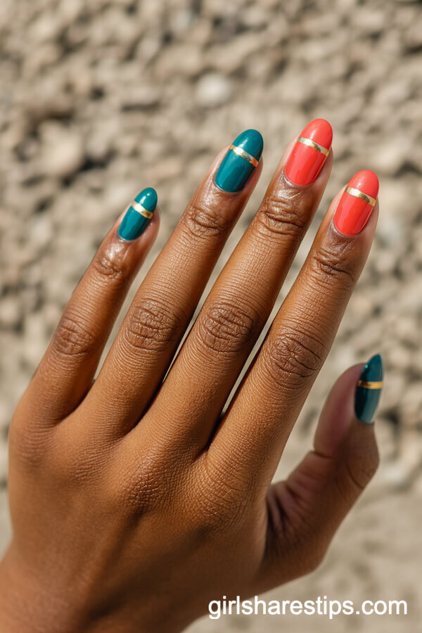 Teal and Coral Stripe Nails for a Modern Beach Look