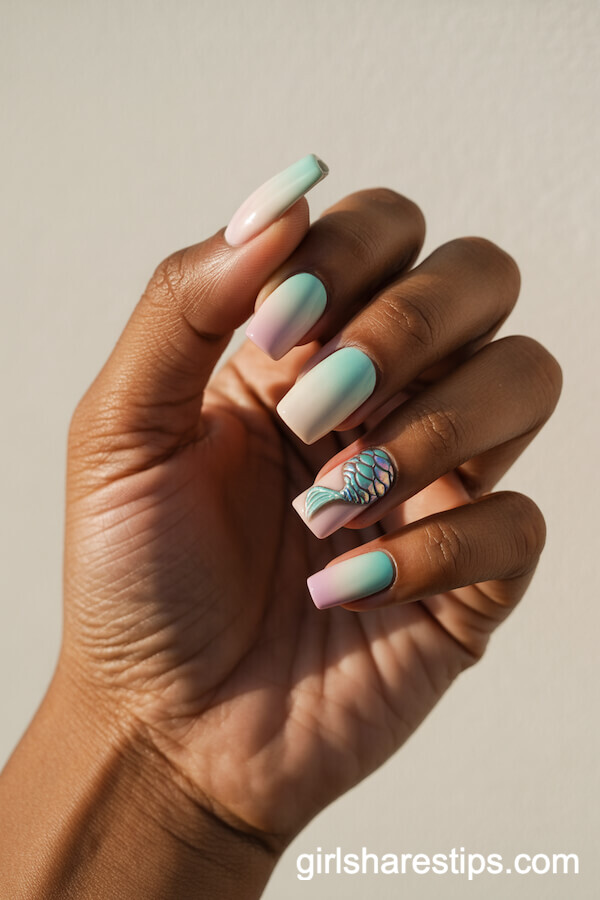 Pastel Ombre Coffin Nails with Mermaid Tail Design