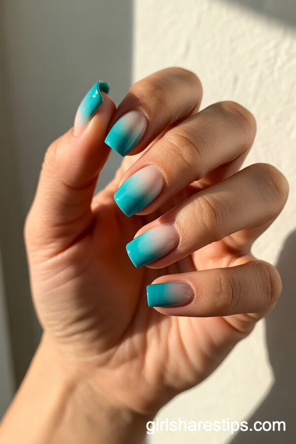 Bold Turquoise Ombre on Short Coffin Nails