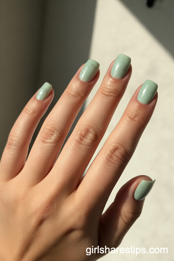Seafoam Green and Silver Glitter Short Square Nails