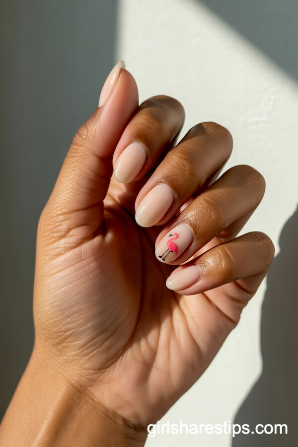Nude Almond Nails with a Pink Flamingo Accent