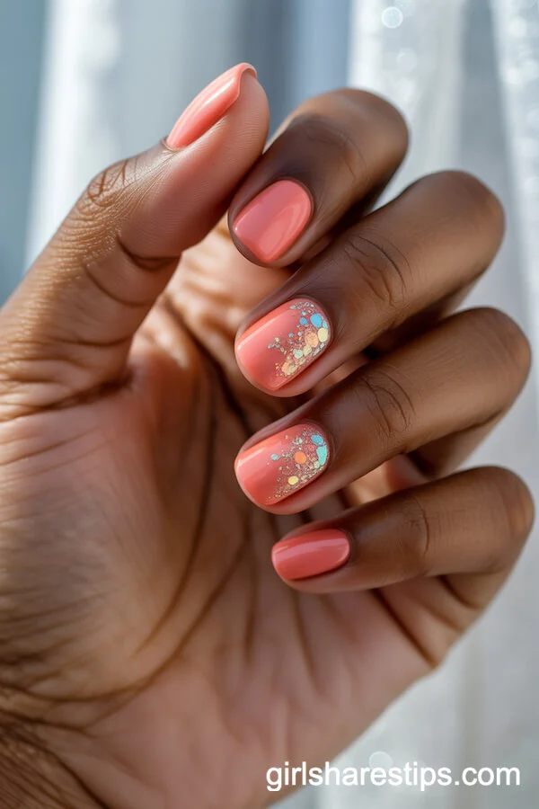 Coral Pink Glitter Reef-Inspired Short Square Nails