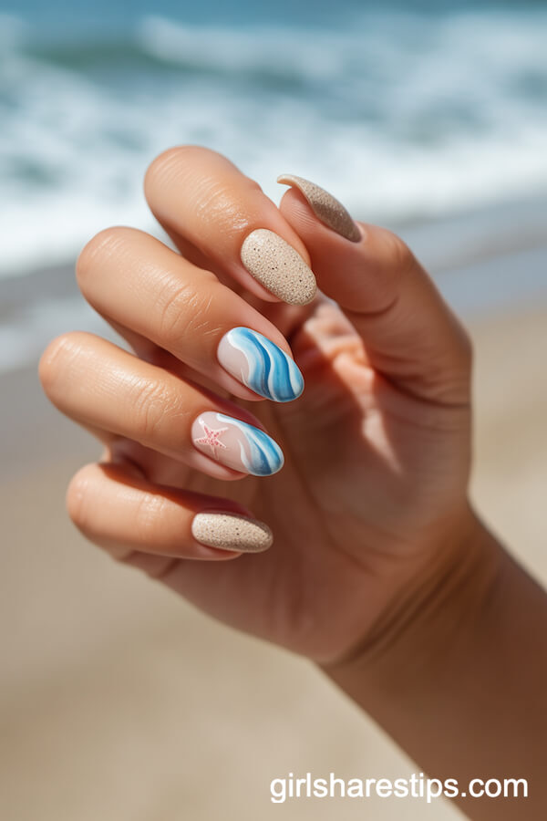 Textured Sand and Ocean Wave Art on Short Almond Nails