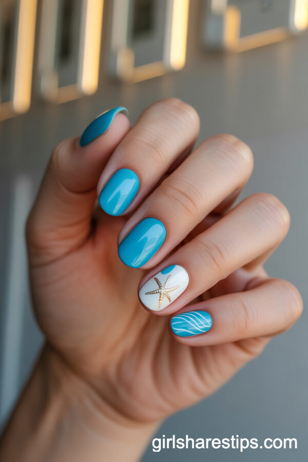 Bright Turquoise Nails with Gold Starfish and Shell Accents
