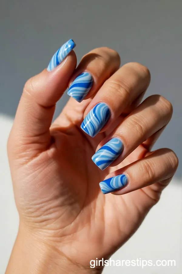 Blue and White Wave Art on Short Coffin Nails