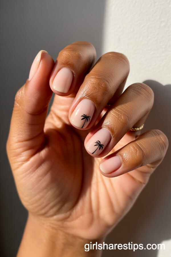 Minimalist Palm Tree Accents on Nude Short Round Nails