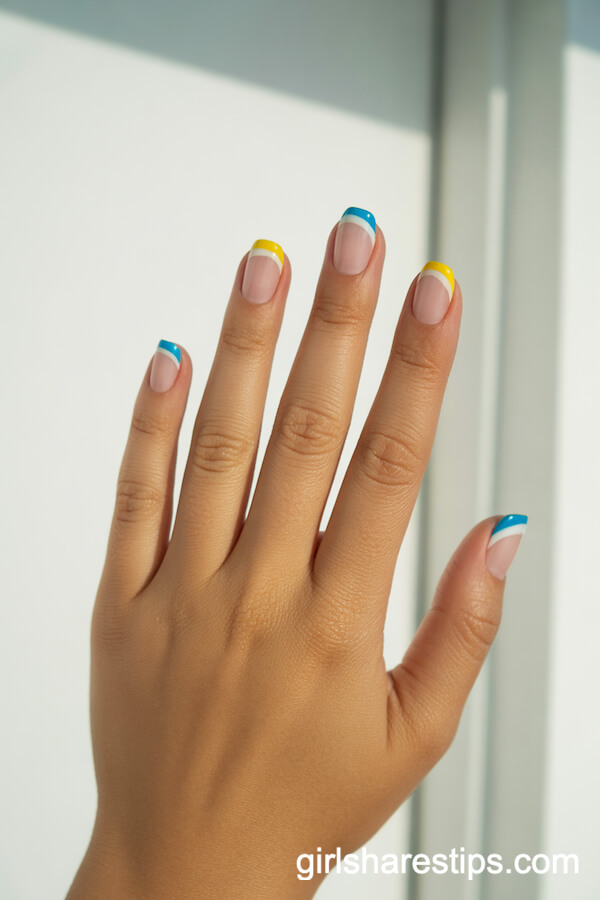 Modern French Tips in Blue, Yellow, and White Stripes