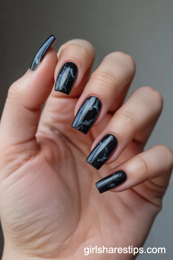 Black Marble Effect on Short Coffin Nails