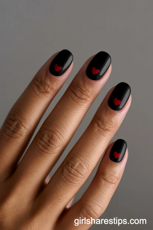 Short Black Rounded Nails with Red Heart Accents