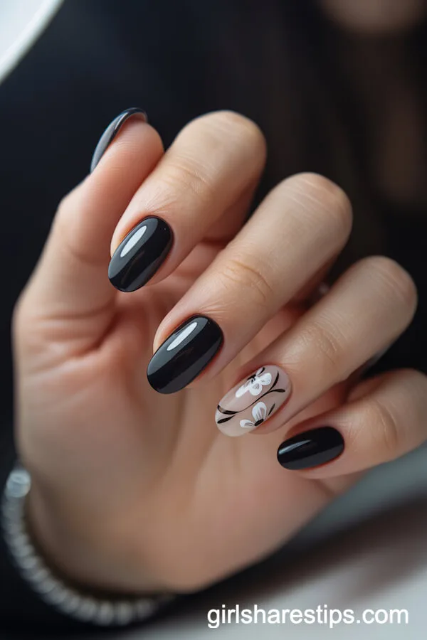 Black Almond Nails with White Floral Art