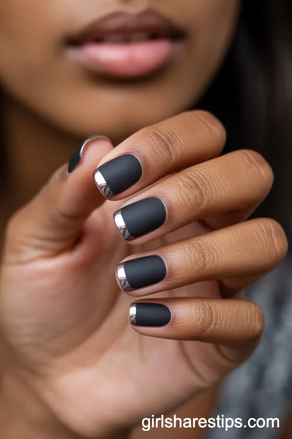 Matte Black Square Nails with Chrome Silver Tips