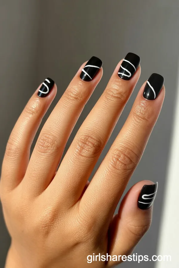 Minimalist Abstract Line Art on Short Black Square Nails