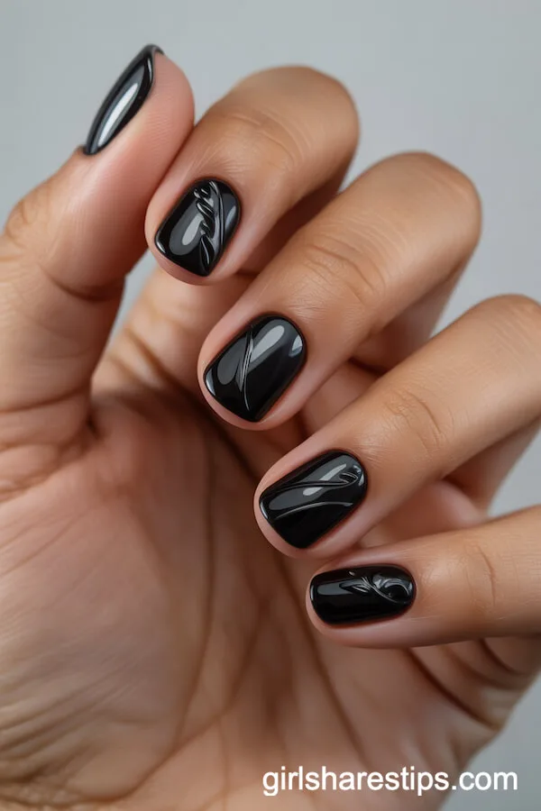 Black Textured Short Squoval Nails