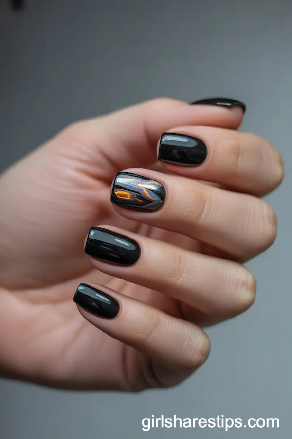 Short Black Square Nails with Holographic Foil Accents