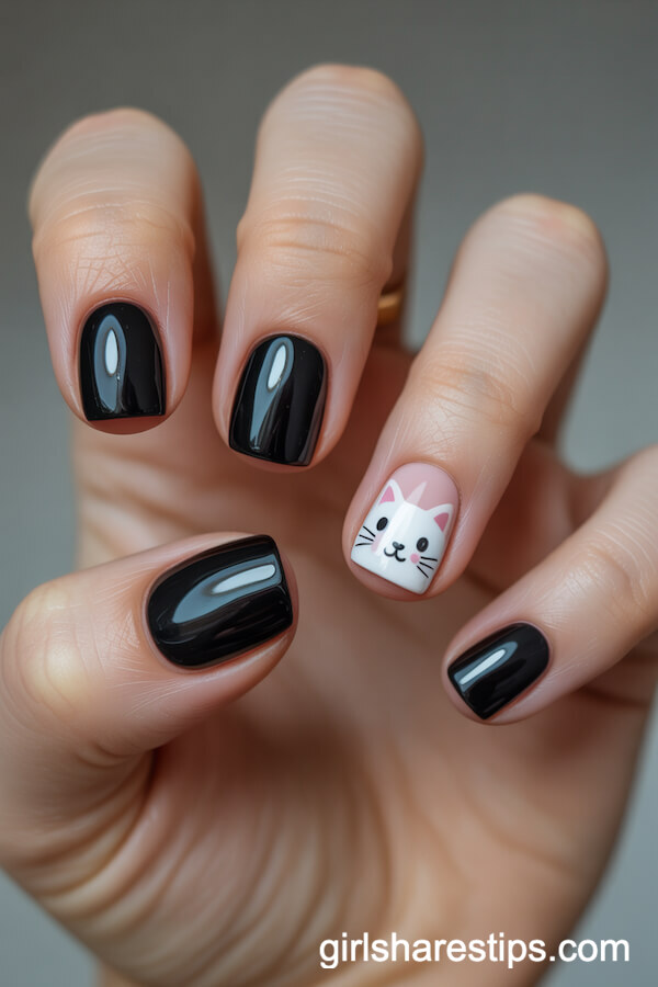 Short Black Nails with Cute Cartoon Cat Faces