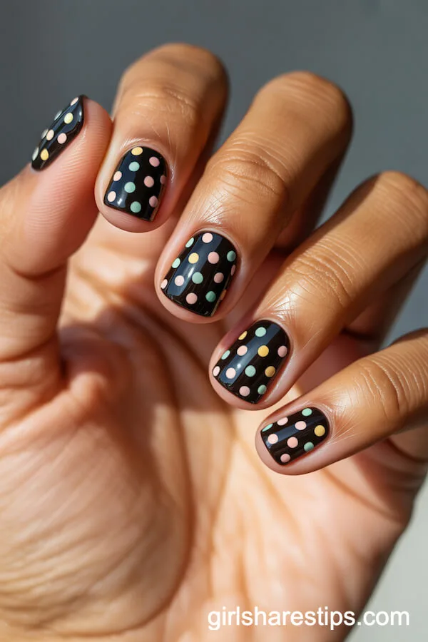 Black Square Nails with Pastel Polka Dots
