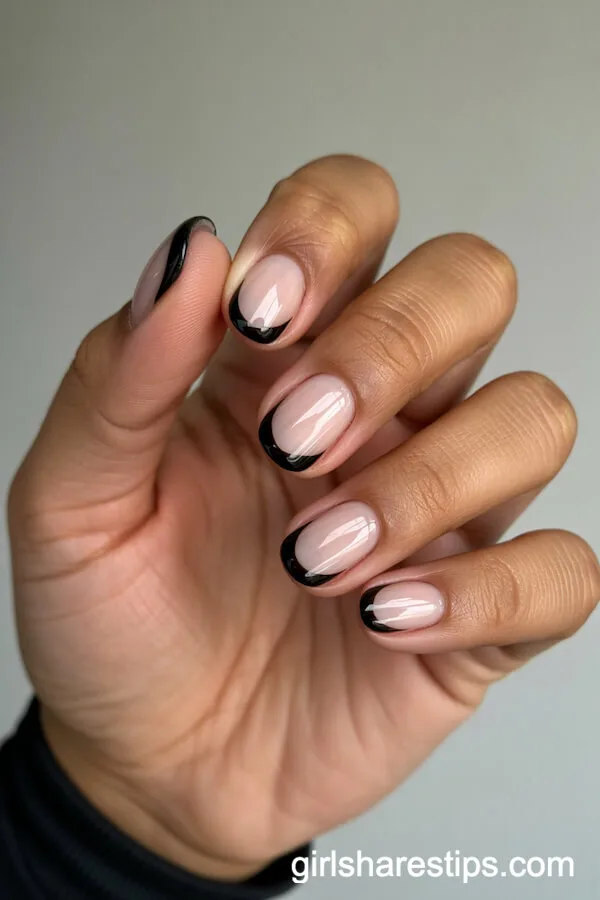 Black French Tip Short Oval Nails