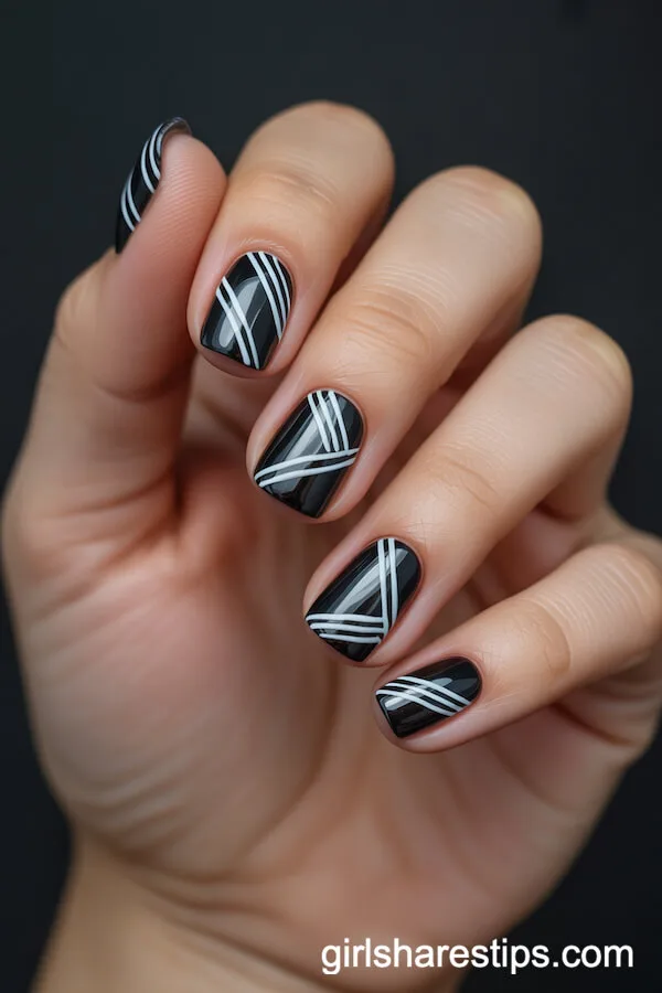 Short Black Square Nails with White Geometric Patterns
