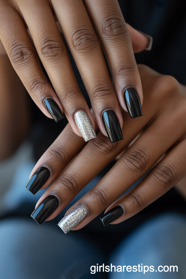 Short Black Coffin Nails with Silver Glitter Accent
