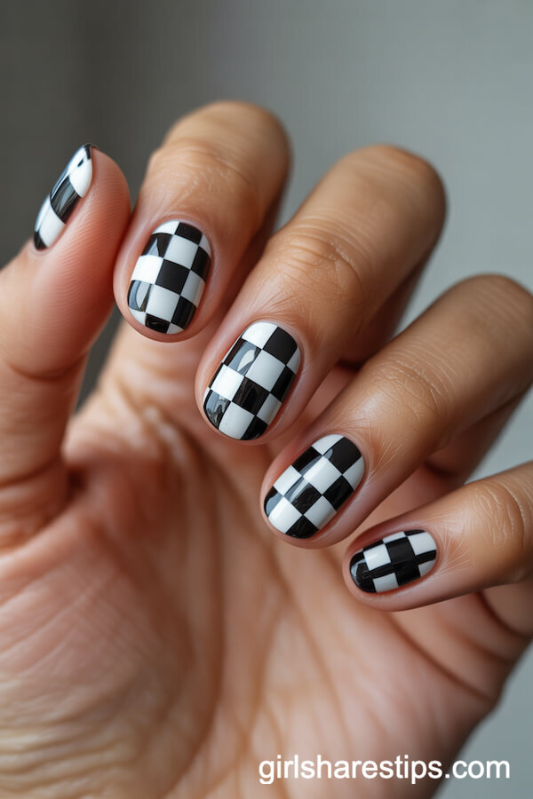 Checkerboard Black and White Short Oval Nails