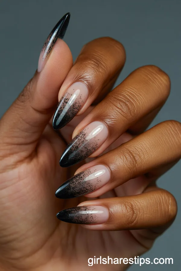 Black Glitter Ombre Short Stiletto Nails