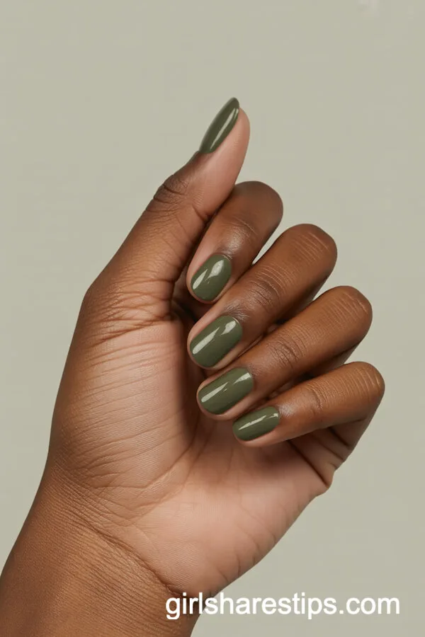 Muted Olive Green Short Round Nails