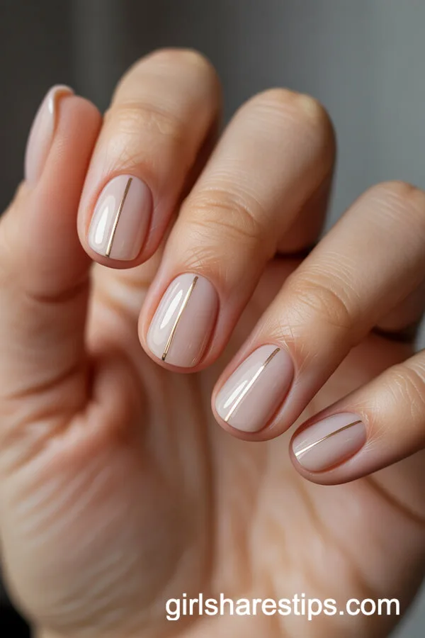 Nude Nails with Thin Gold Vertical Stripe