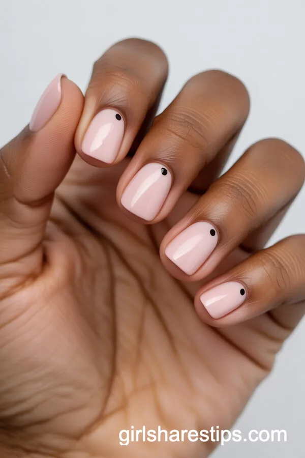 Pastel Pink Short Nails with Black Dot Accent