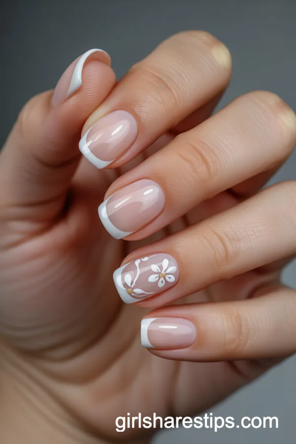 French Manicure with Hand-Painted White Flowers