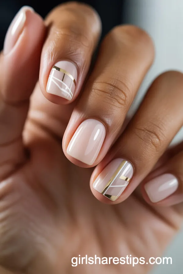 Nude Square Nails with Gold and White Geometric Accents