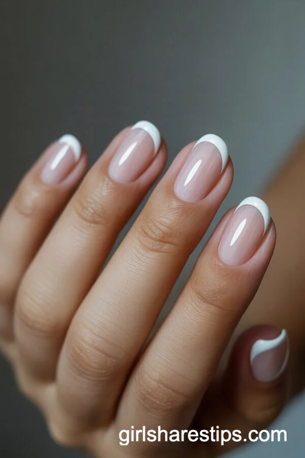 Sheer Blush Pink Nails with White Half-Moon