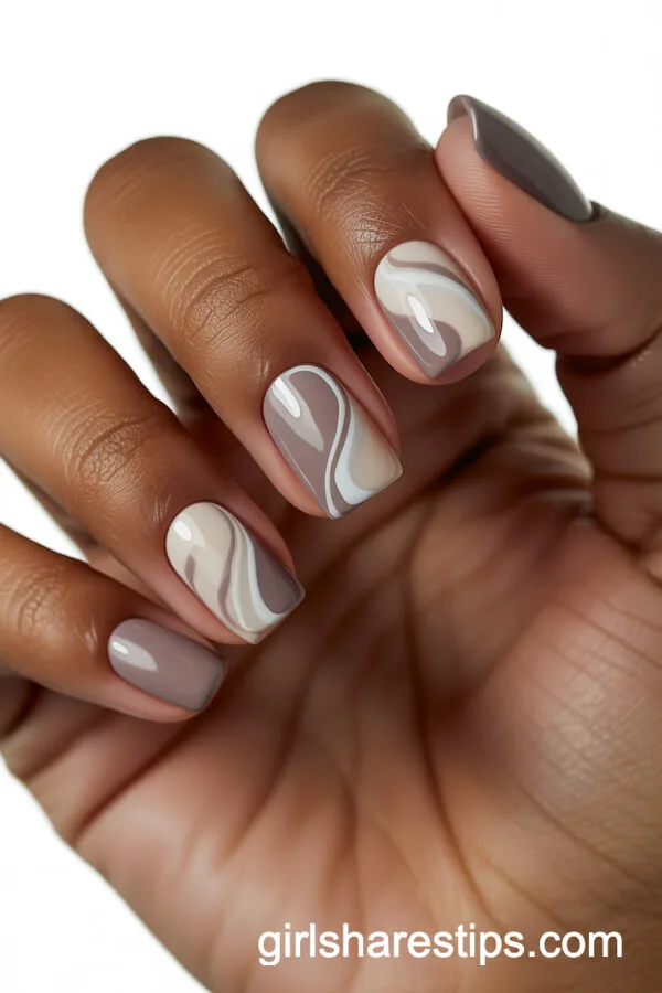 Abstract Cream and Taupe Swirl Accent Nails