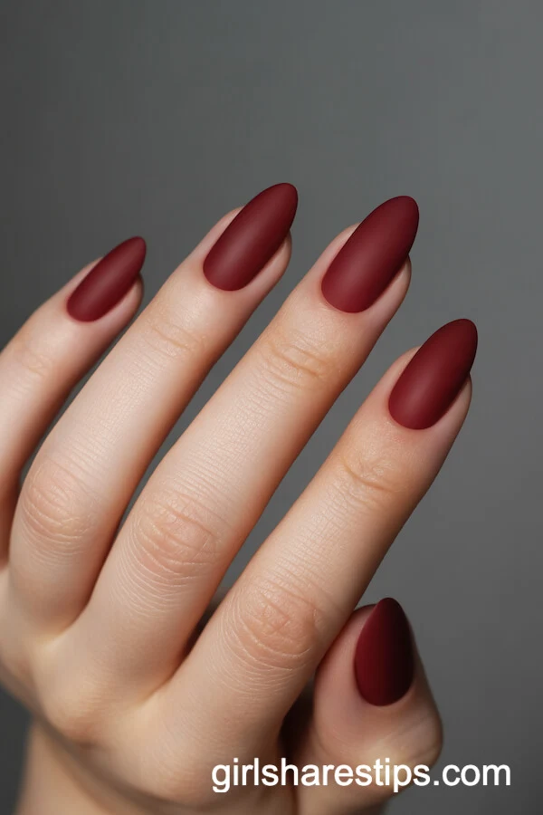 Matte Burgundy Almond-Shaped Short Nails
