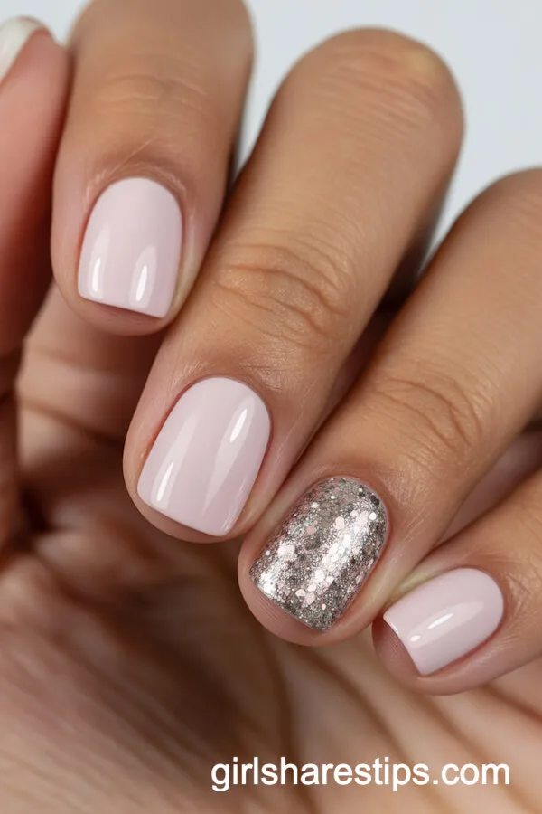 Pink Polish with Silver Glitter Accent Nail