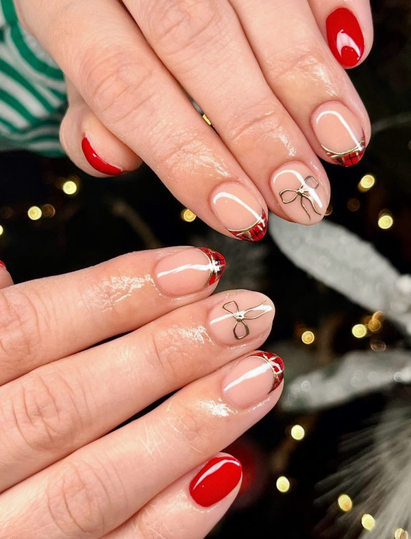 Festive Plaid French Tips on Short Nails