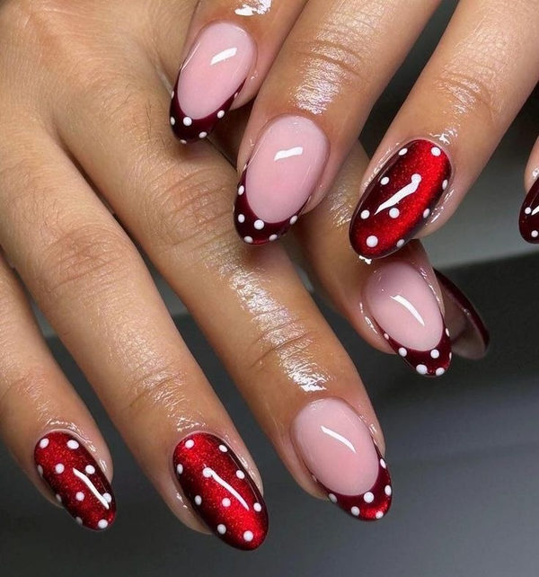 Red French Tips with Dots on Short Nails