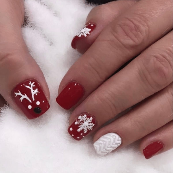 Red Reindeer and Snowflake Short Nails