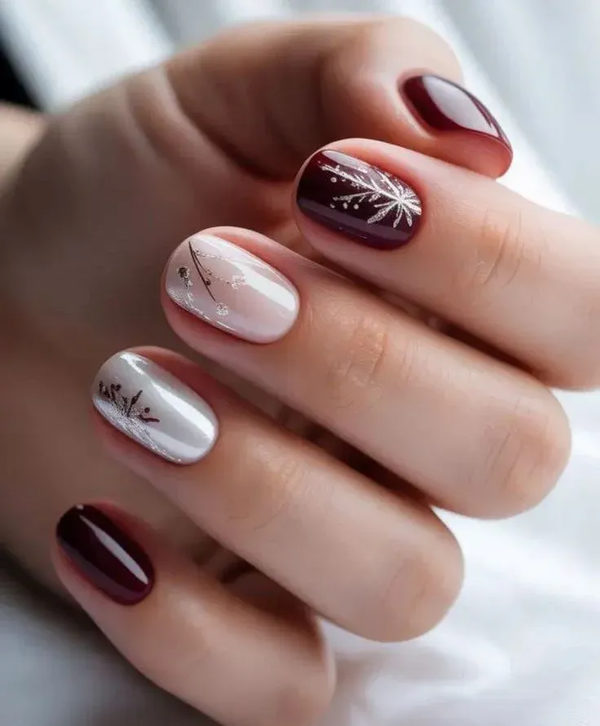 Burgundy and Silver Accent Short Nails