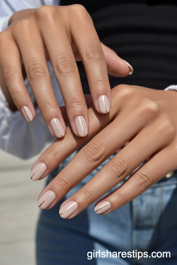 Nude Almond Nails with Gold Vertical Stripe