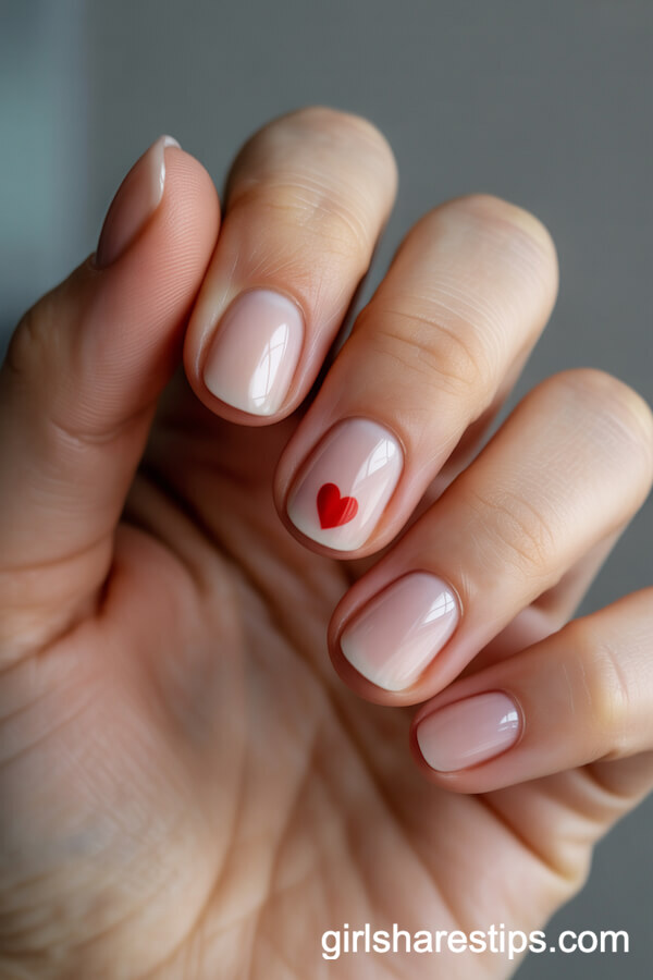 Sheer Round Nails with Red Heart Accent