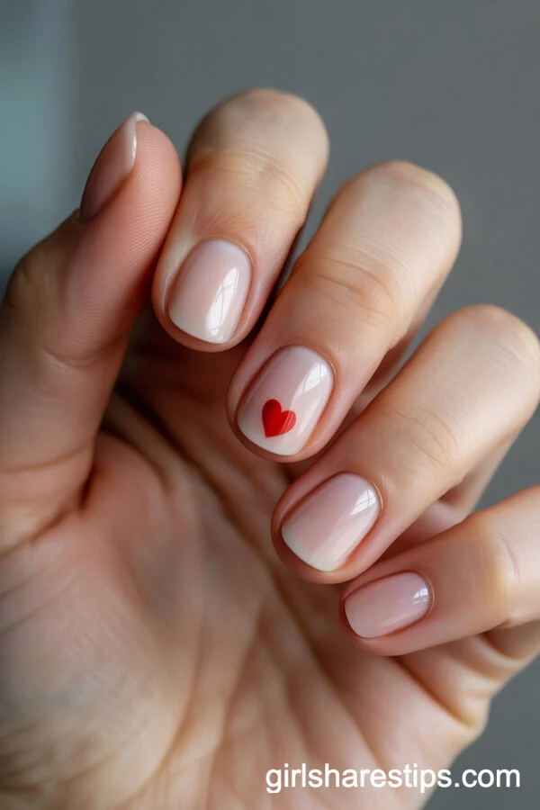 Sheer Round Nails with Red Heart Accent