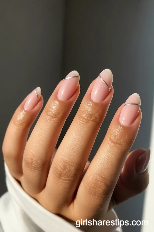 Pale Pink Almond Nails with Minimalist Metallic Lines