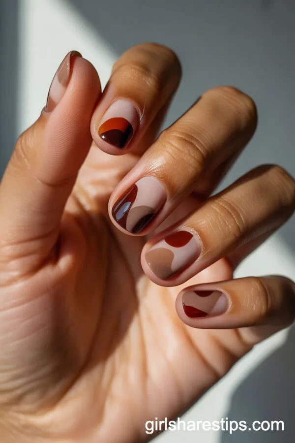 Abstract Earth Tone Nails with Negative Space