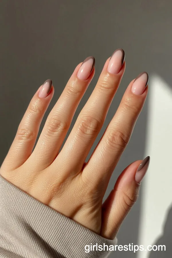 Nude Oval Nails with Curved Taupe Accent Line