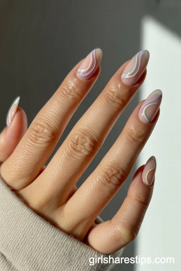 Almond Nails with Pastel Swirly Minimalist Lines