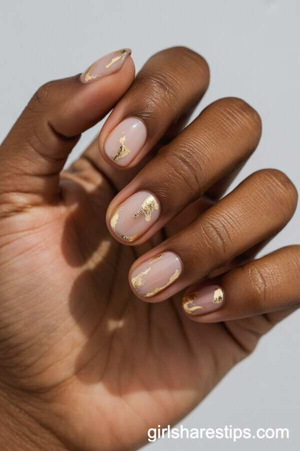 Sheer Blush Round Nails with Gold Foil Flecks