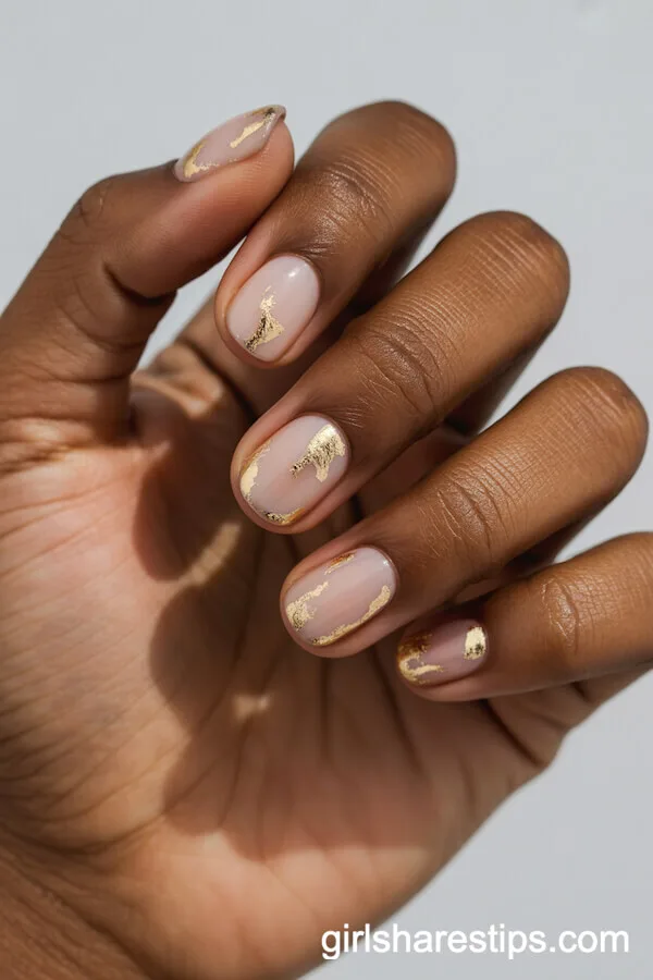 Sheer Blush Round Nails with Gold Foil Flecks