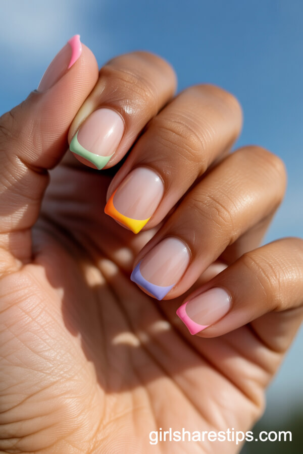 Natural Square Nails with Pastel Rainbow Tips